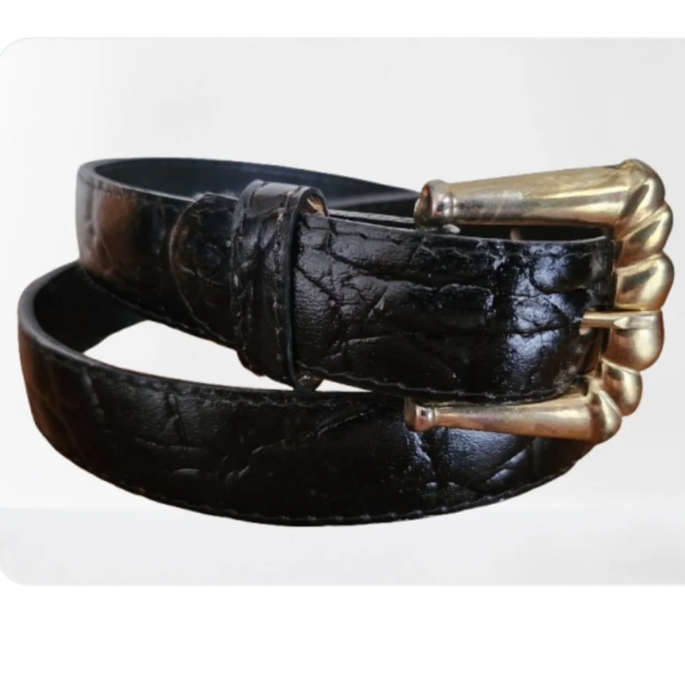 Mexico Dark Brown Faux Leather Textured Belt Gold Tone Metal Buckle